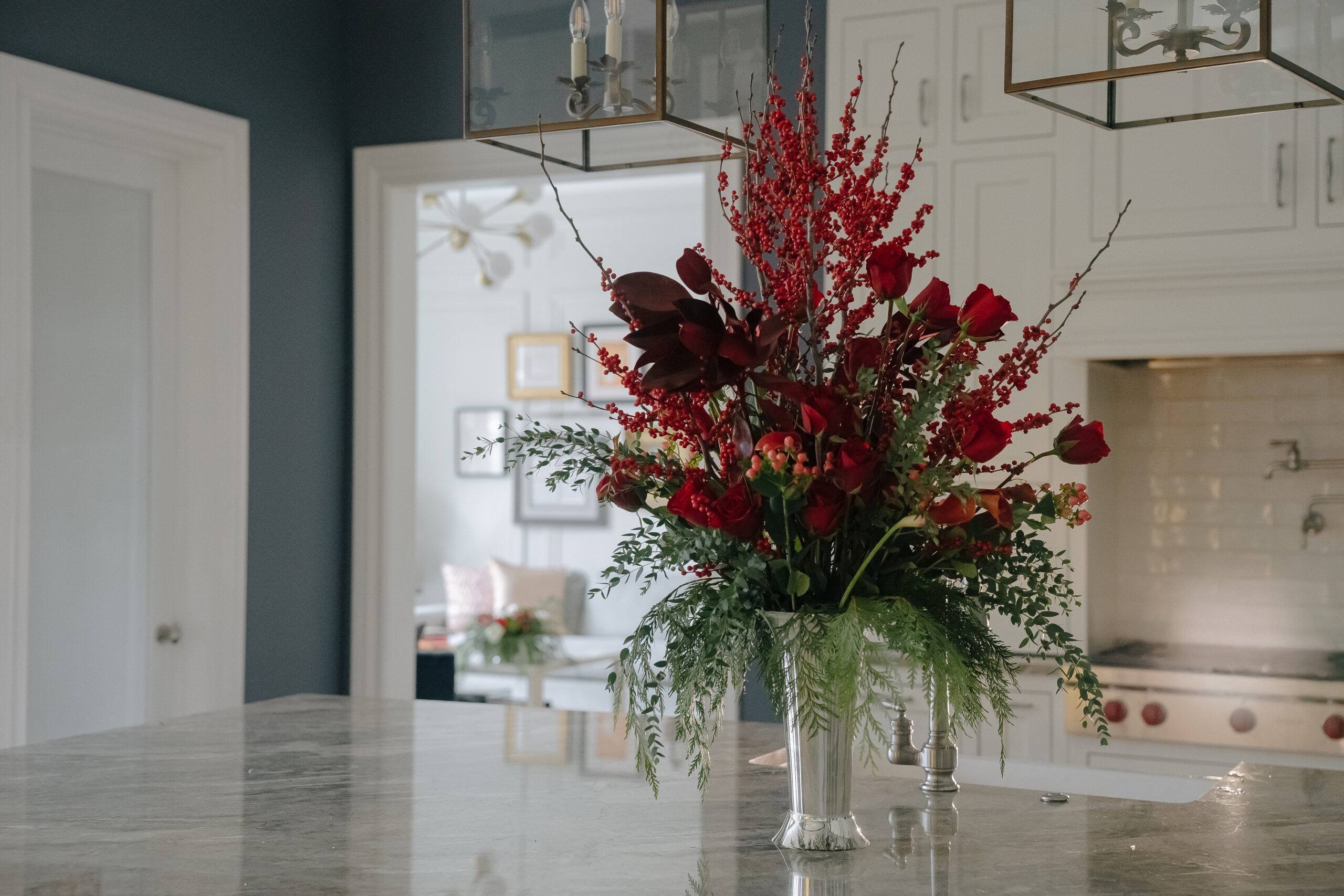 Rental floral arrangement in a silver vase